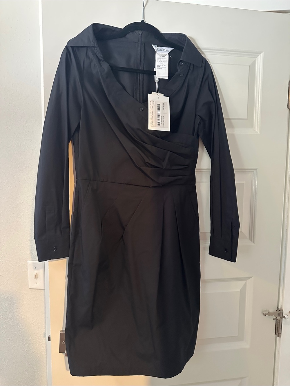 MaxMara Black Long-Sleeve Draped Wrap Dress with asymmetrical button closure